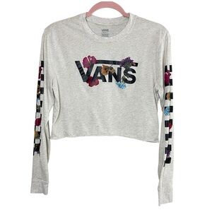 VANS Cropped Graphic Logo Tee Floral Checkered Print Long Sleeve, XS
